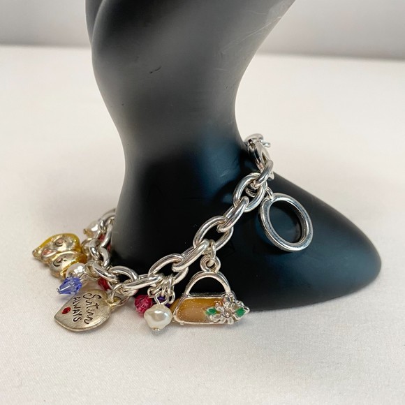 Sister Friendship Charm Bracelet Silver Tone Chains Lucite Beads Engraved Charms - Picture 1 of 9